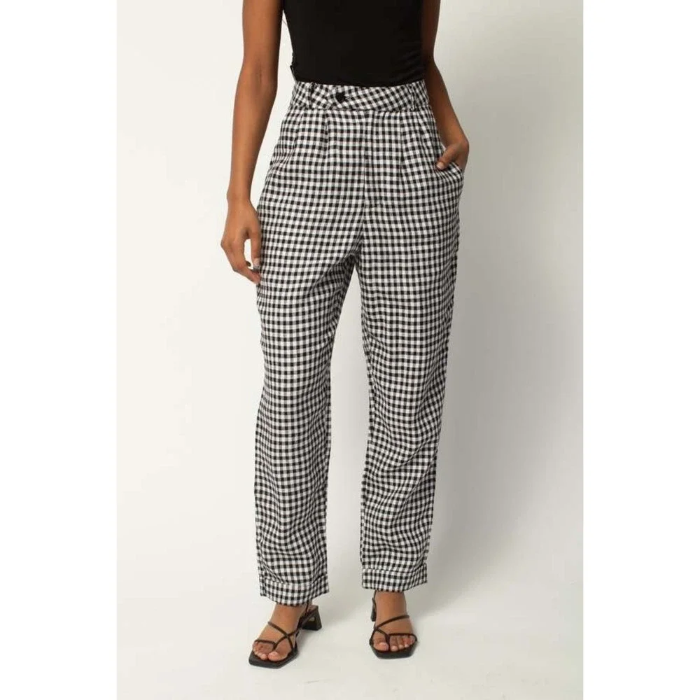 Reformation Black & White Gingham Linen Wide Leg High Rise Trousers Size 2